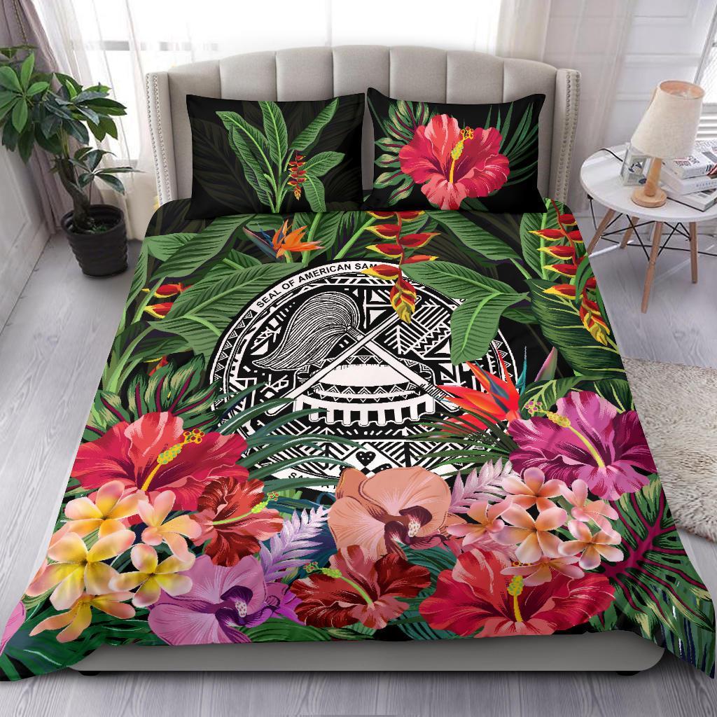 American Samoa Bedding Set - Coat Of Arms Tropical Flowers And Banana Leaves - Vibe Hoodie Shop