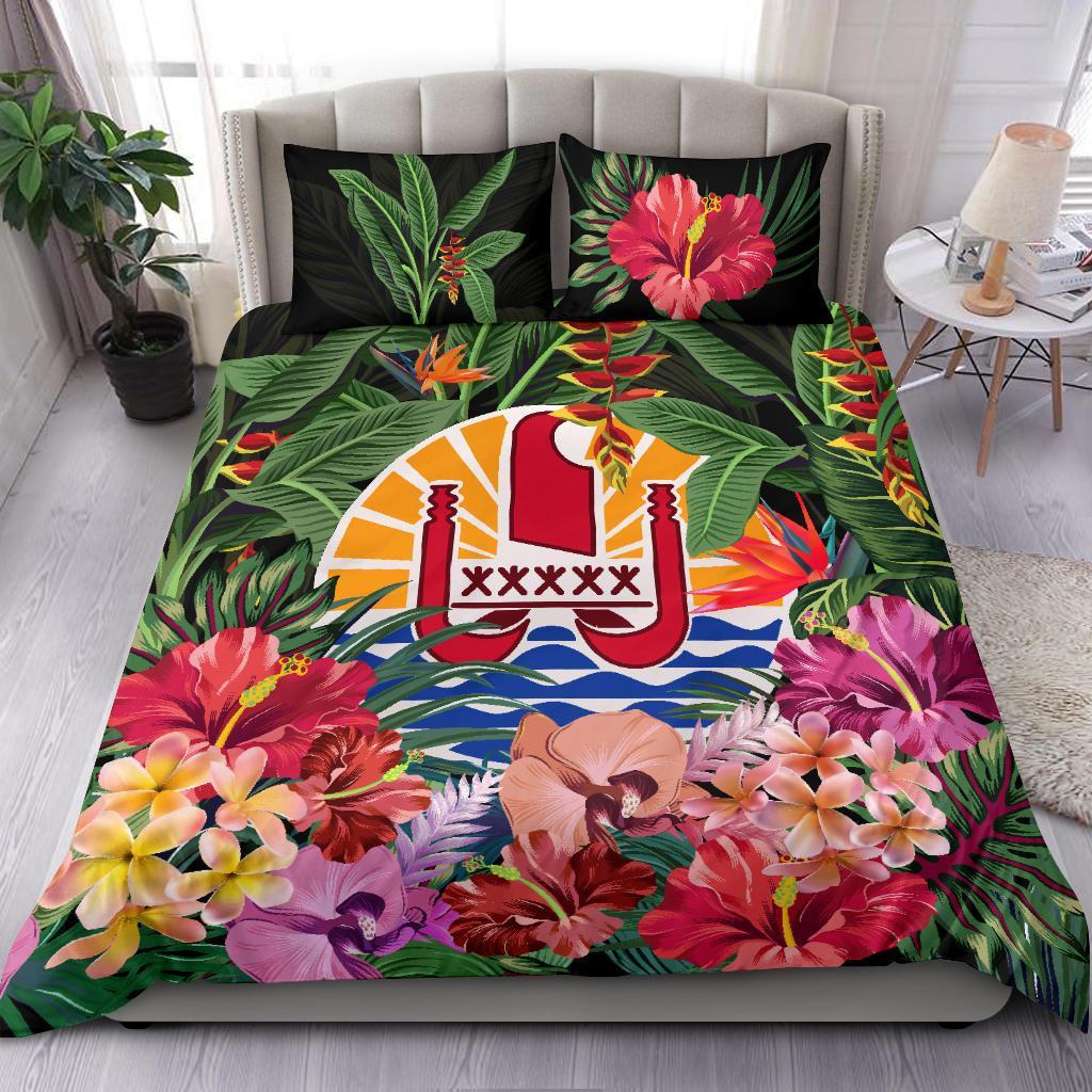 Tahiti Bedding Set - Coat Of Arms Tropical Flowers And Banana Leaves - Vibe Hoodie Shop