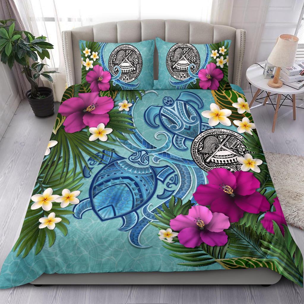 American Samoa Bedding Set - Polynesian Turtle Hibiscus And Plumeria - Vibe Hoodie Shop