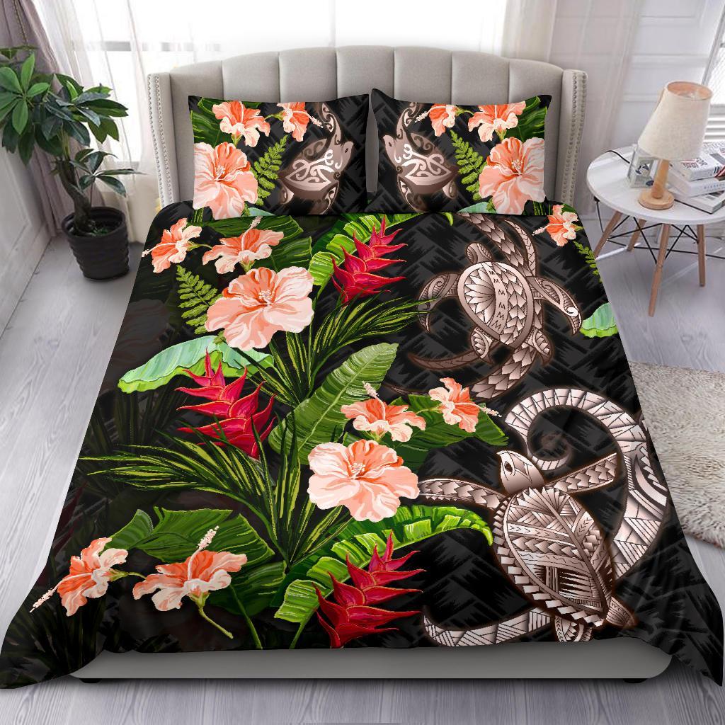 Turtle Polynesian Bedding Set Palm Leaf Hibiscus - Vibe Hoodie Shop