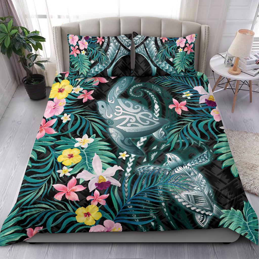 Turtle Bedding Set Hibiscus Palm Leaves Duvet Cover And Pillow Case - Vibe Hoodie Shop