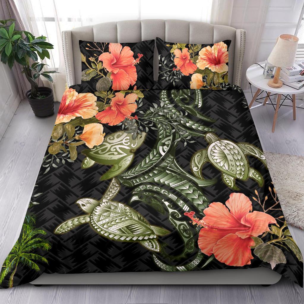 Three Turtle Bedding Set Polynesian Hibiscus Duvet Cover And Pillow Case - Vibe Hoodie Shop