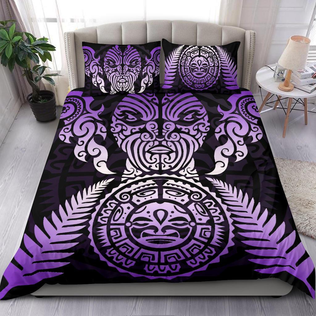 Maori Face Fern New Zealand Bedding Set Purple - Vibe Hoodie Shop