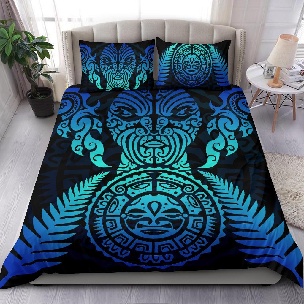 Maori Face Fern New Zealand Bedding Set Blue - Vibe Hoodie Shop