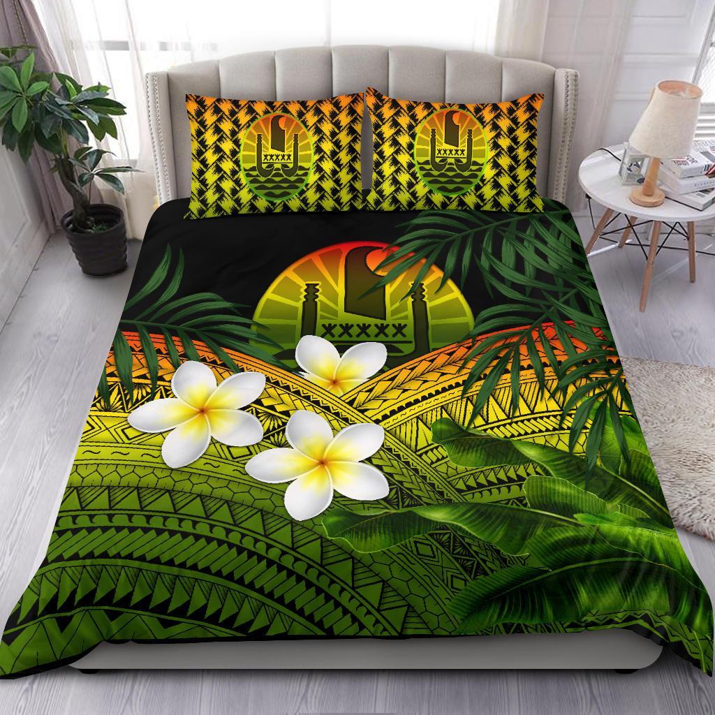 Tahiti Bedding Set, Polynesian Plumeria Banana Leaves Reggae - Vibe Hoodie Shop