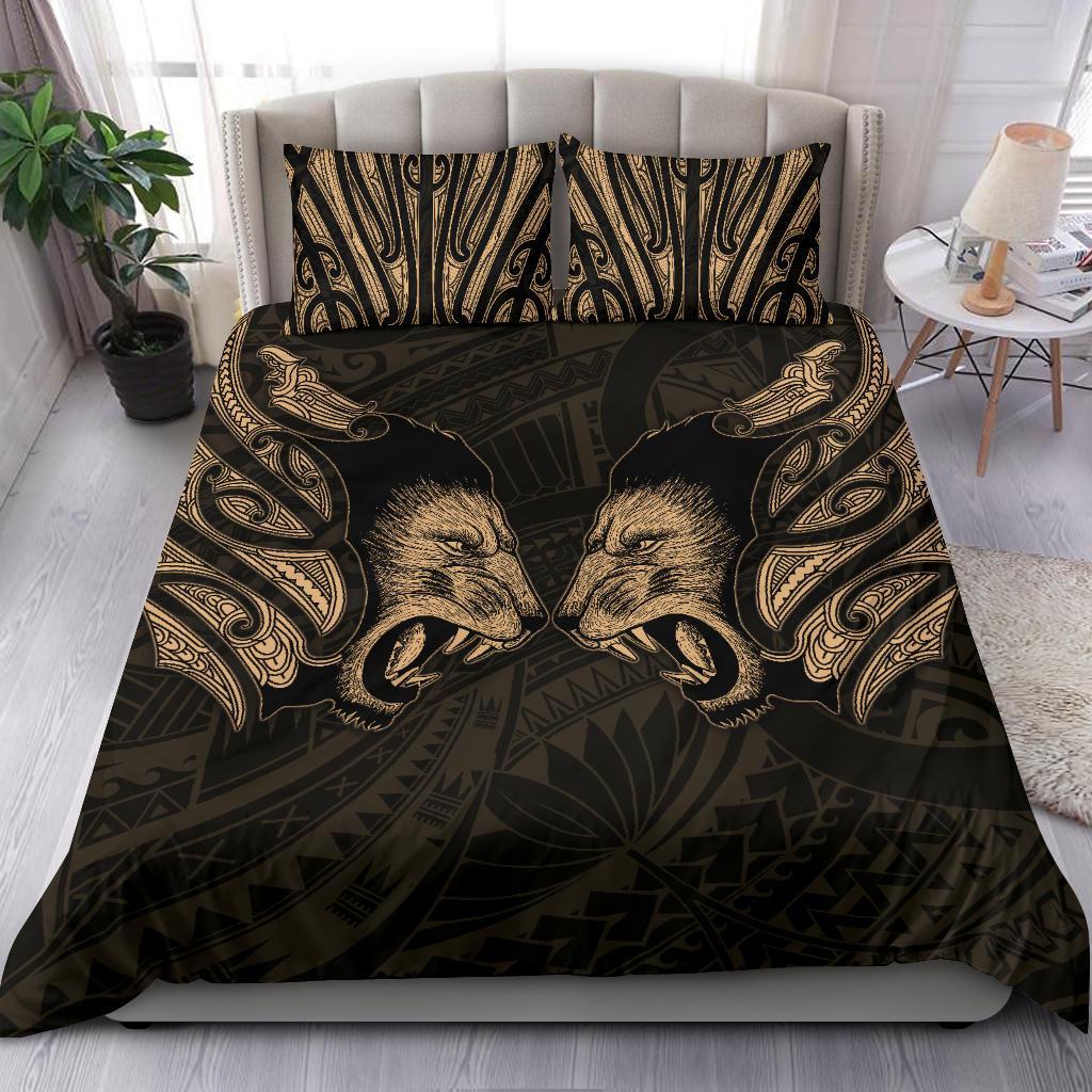 Double Lion Maori Tattoo Bedding Set New Zealand - Gold - Vibe Hoodie Shop