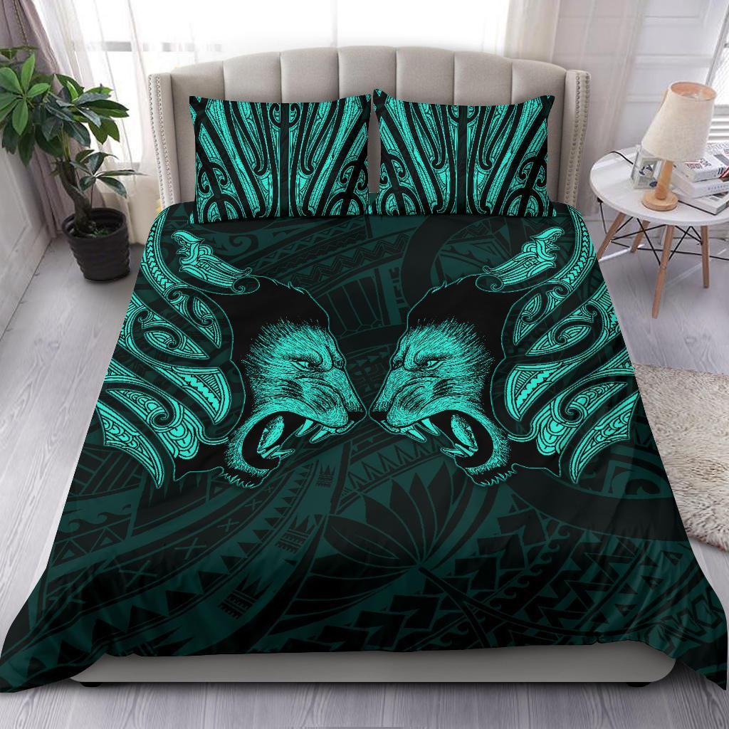 Double Lion Maori Tattoo Bedding Set New Zealand - Turquoise - Vibe Hoodie Shop