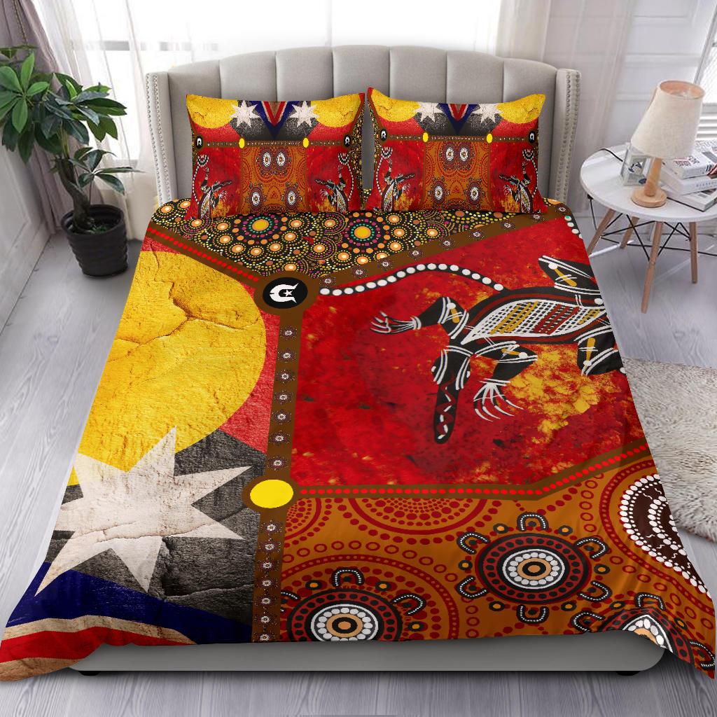 Bedding Set - Aboriginal Dot Painting and Flags, Crocodile - Vibe Hoodie Shop