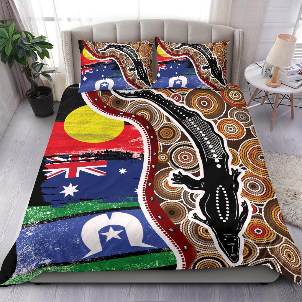 Aboriginal Bedding Set - Indigenous Crocodile With NAIDOC Week 2022 Flags - Vibe Hoodie Shop