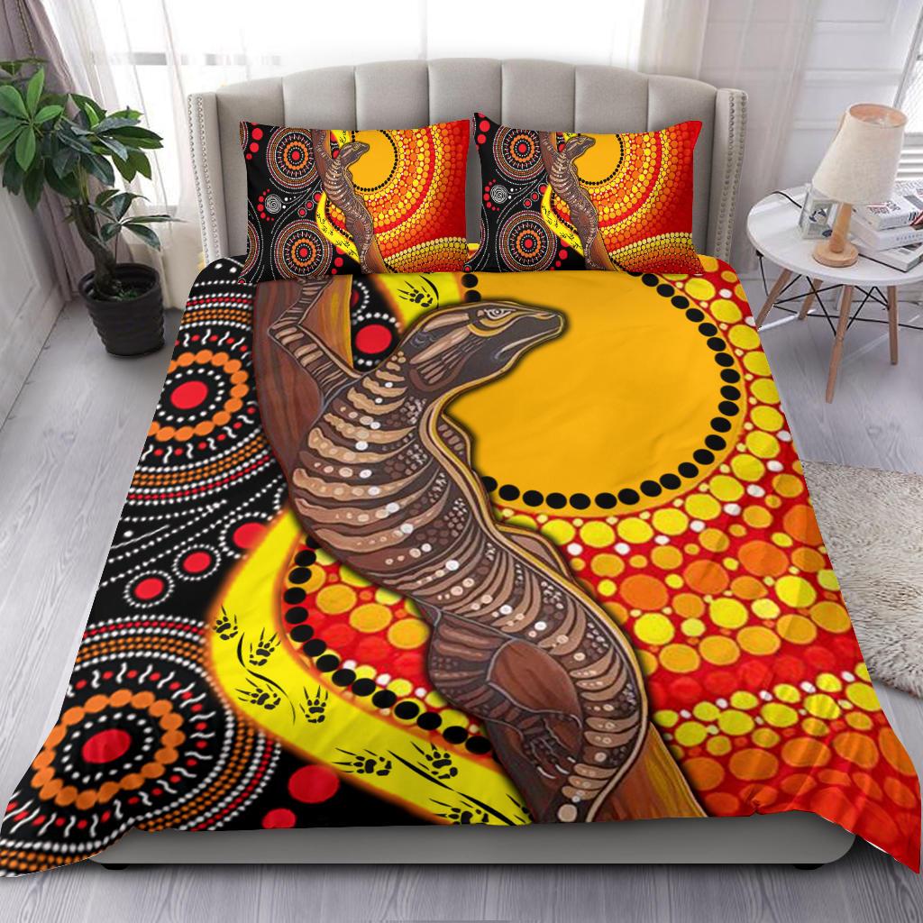 Aboriginal Bedding Set - Indigenous Dot Painting Sun and Lizard - Vibe Hoodie Shop