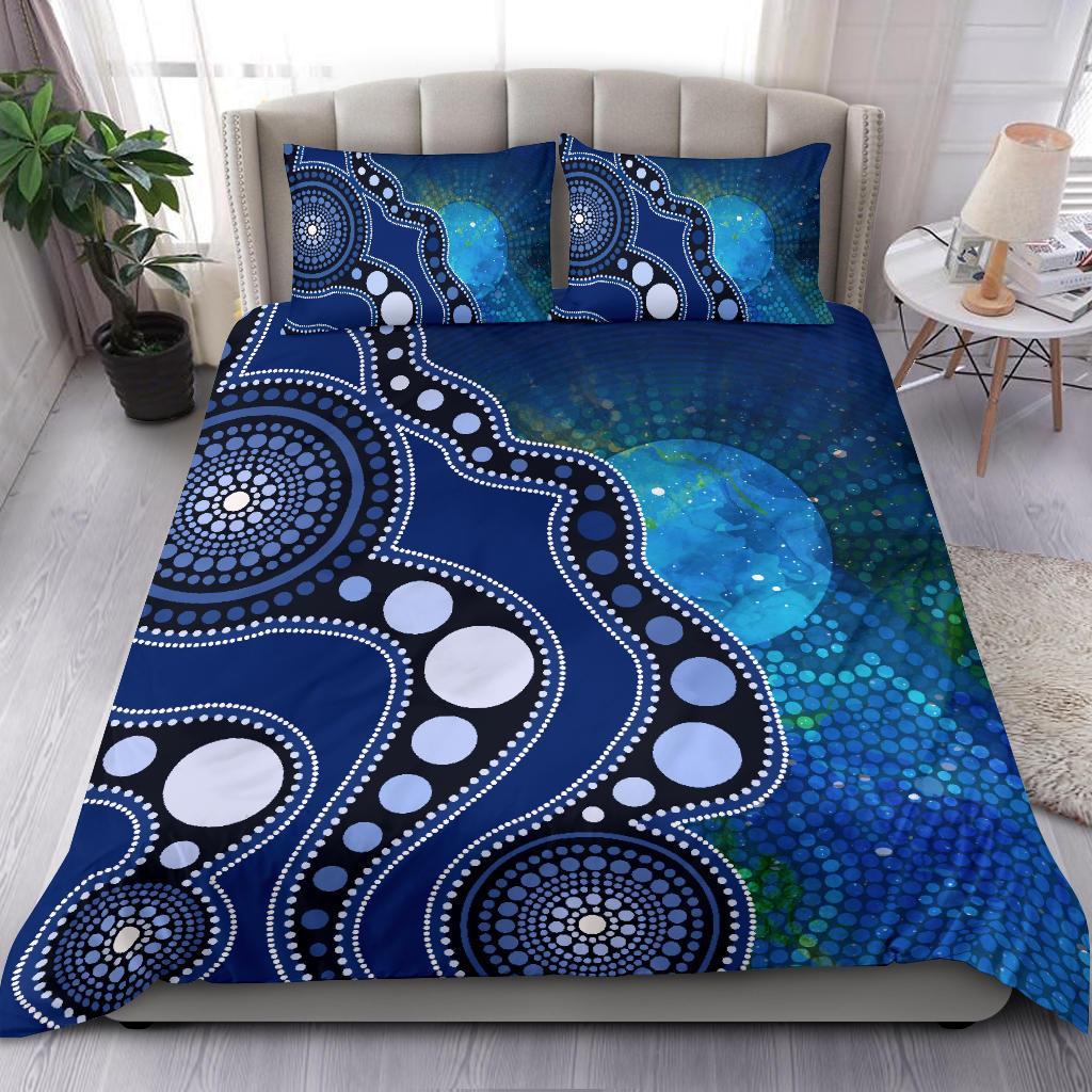 Aboriginal Bedding Set - Australia Indigenous Flag Circle Dot Painting Art (Blue) - Vibe Hoodie Shop