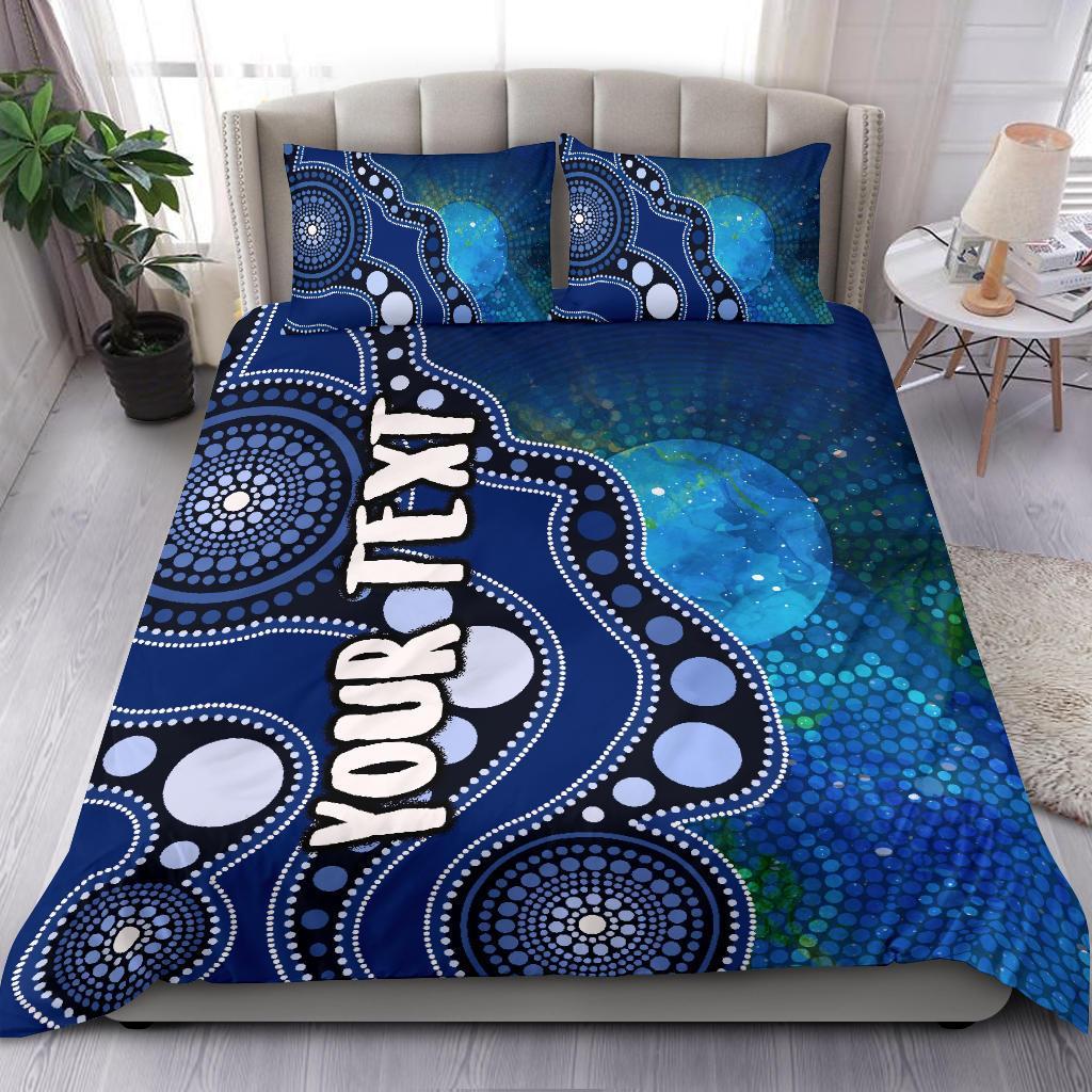 Custom Text Aboriginal Bedding Set - Australia Indigenous Flag Circle Dot Painting Art (Blue) - Vibe Hoodie Shop