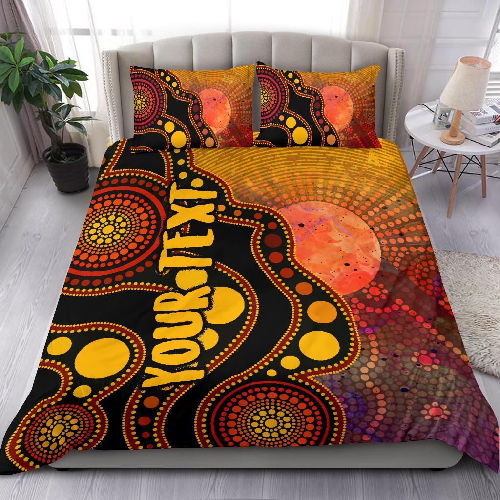 Custom Text Aboriginal Bedding Set - Australia Indigenous Flag Circle Dot Painting Art (Golden) - Vibe Hoodie Shop