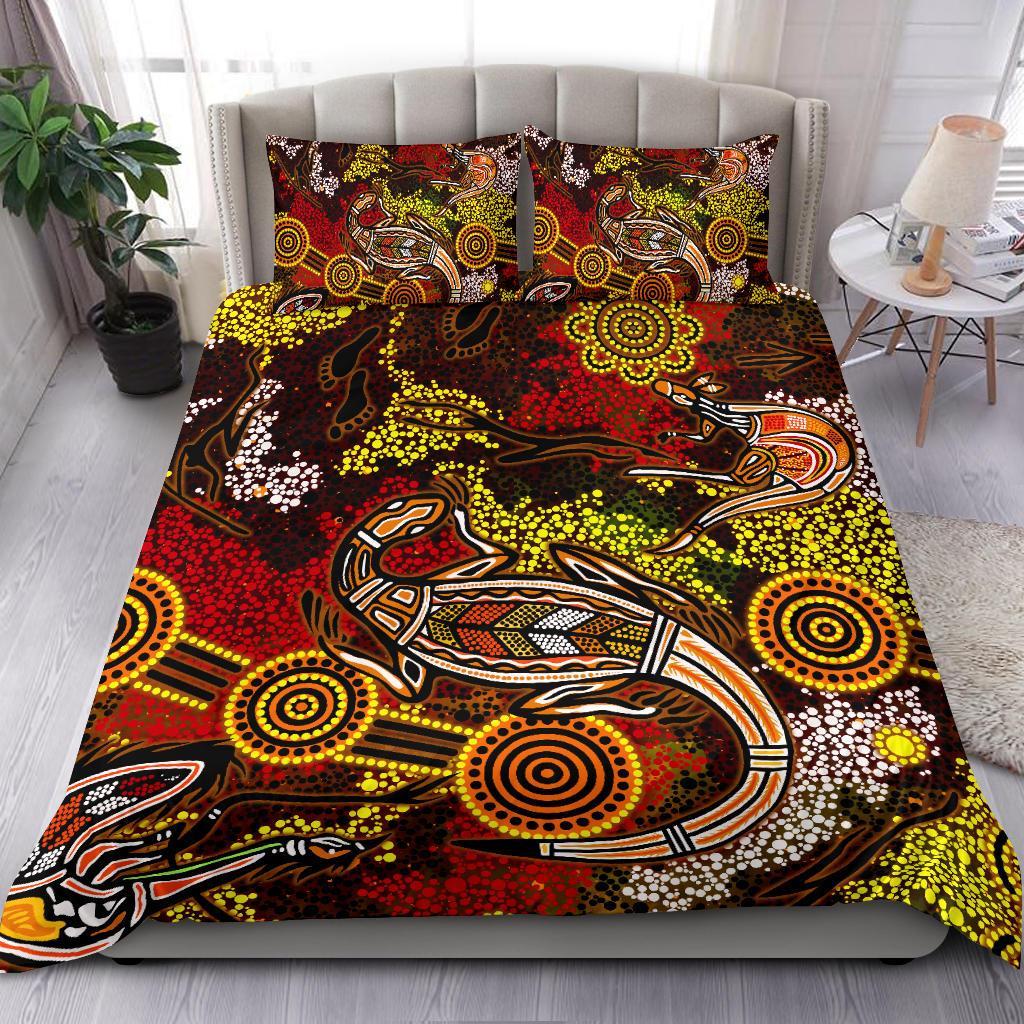 Aboriginal Bedding Set, Kangaroo and Lizard Dot Painting Art - Vibe Hoodie Shop