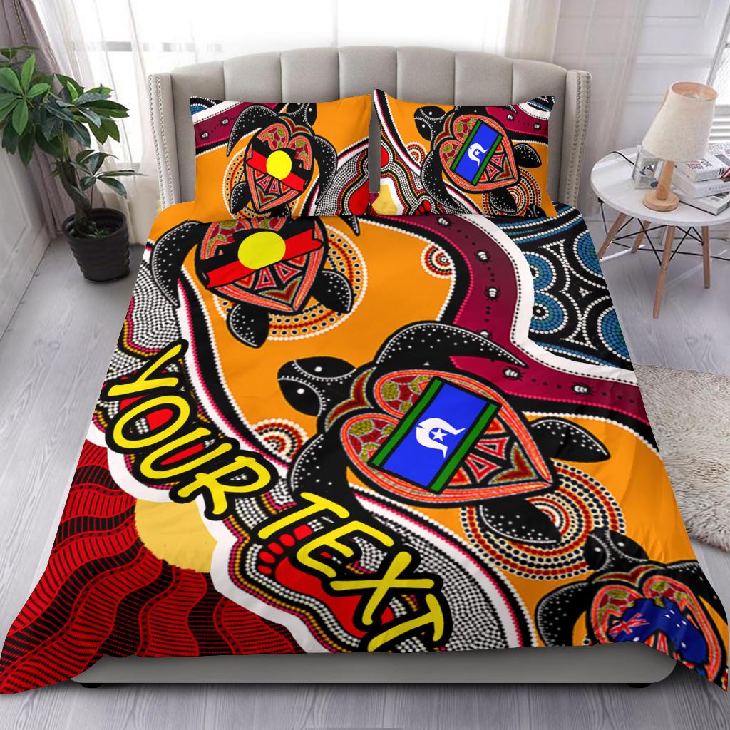 Custom Aboriginal Bedding Set - Indigenous Dots Pattern With Turtle and NAIDOC Flags - Vibe Hoodie Shop