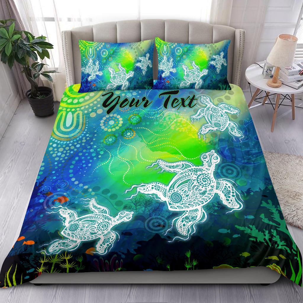 Custom Text Aboriginal Bedding Set - Indigenous Turtle Ocean Dot Painting Art - Vibe Hoodie Shop