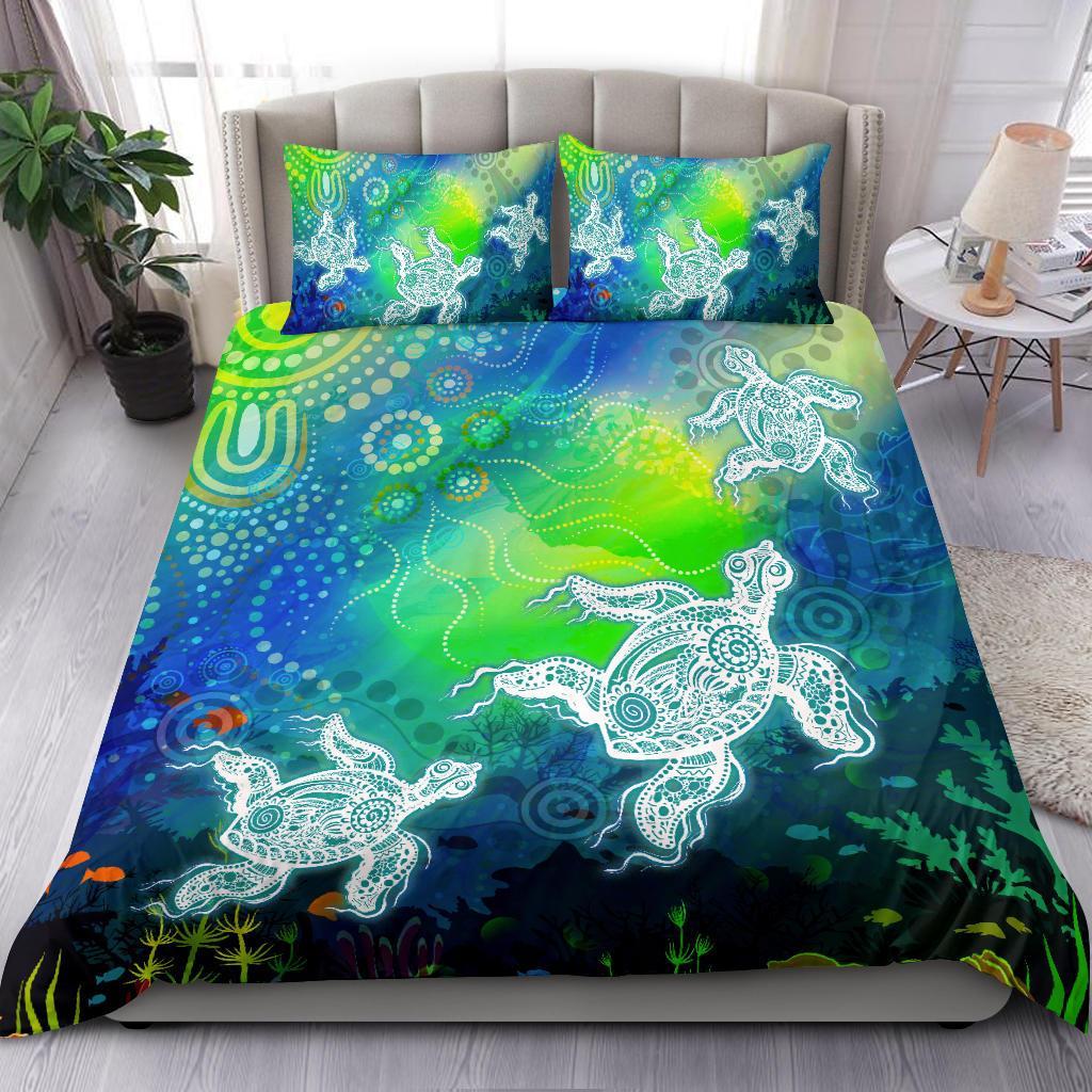 Aboriginal Bedding Set - Indigenous Turtle Ocean Dot Painting Art - Vibe Hoodie Shop