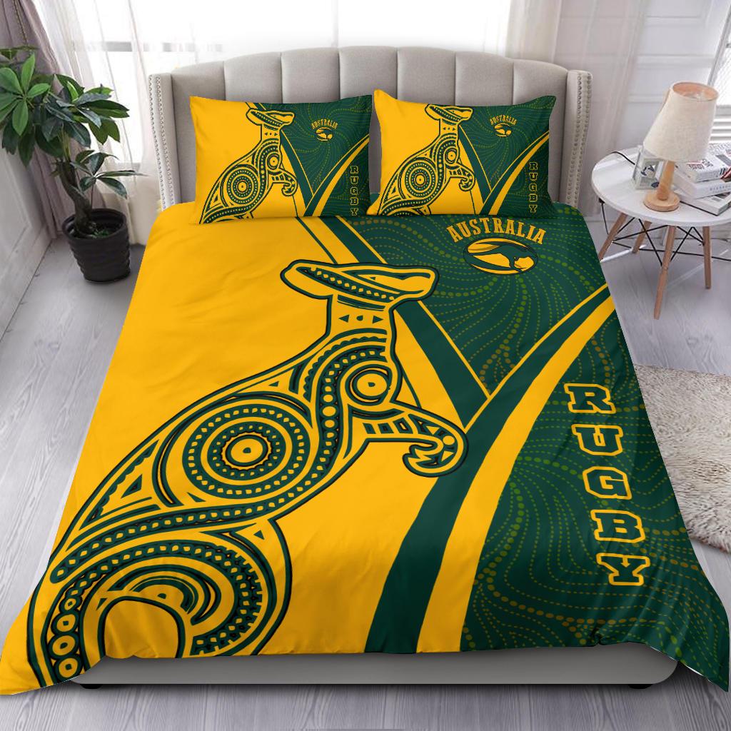 Rugby Bedding Set - Australian Rugby Kangaroo and Aboriginal Patterns - Vibe Hoodie Shop