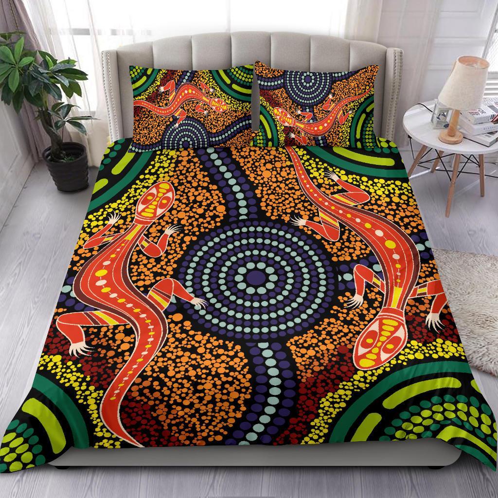 1st Australia Bedding Set - Aboriginal Two Lizards Dot Painting Circle - Vibe Hoodie Shop