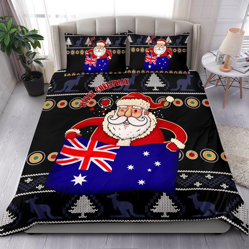 Christmas Personalised Bedding Set - Australia Santa Claus Hold The Flag (Black) - Vibe Hoodie Shop