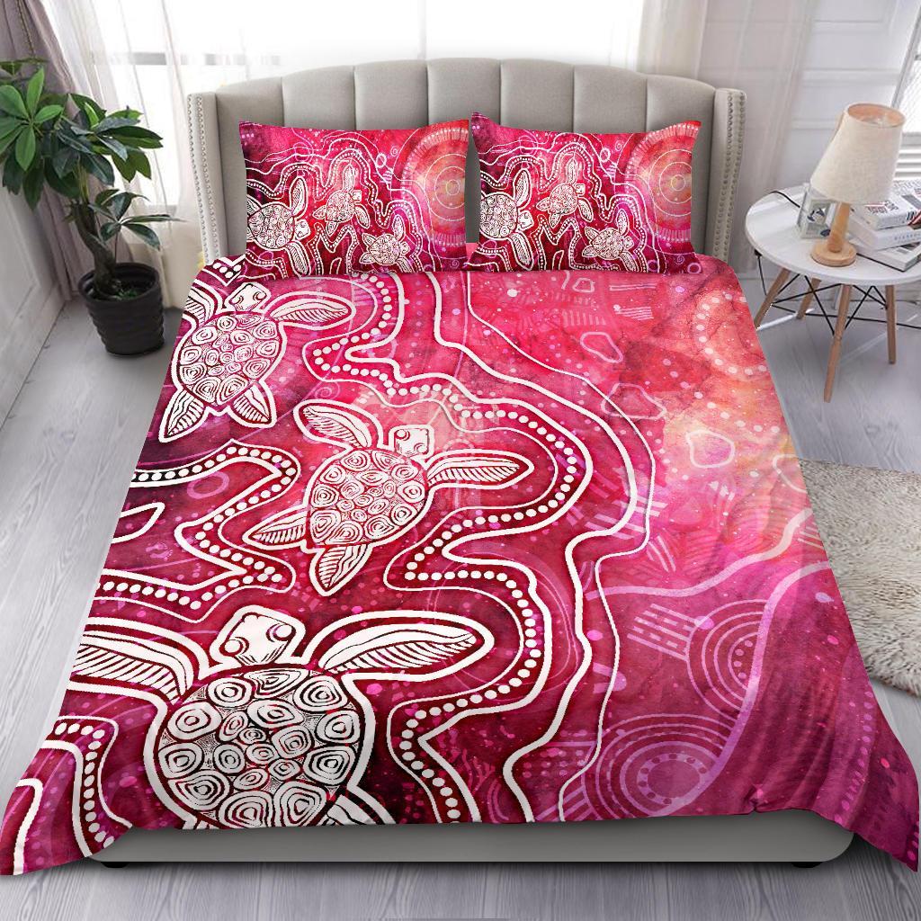 Aboriginal Bedding Set - Sea Turtle With Indigenous Patterns (Pink) - Vibe Hoodie Shop