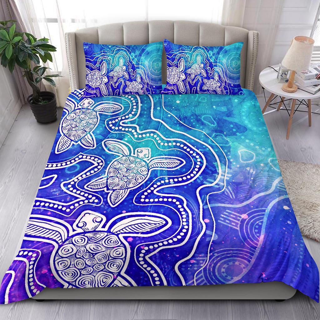 Aboriginal Bedding Set - Sea Turtle With Indigenous Patterns (Blue) - Vibe Hoodie Shop