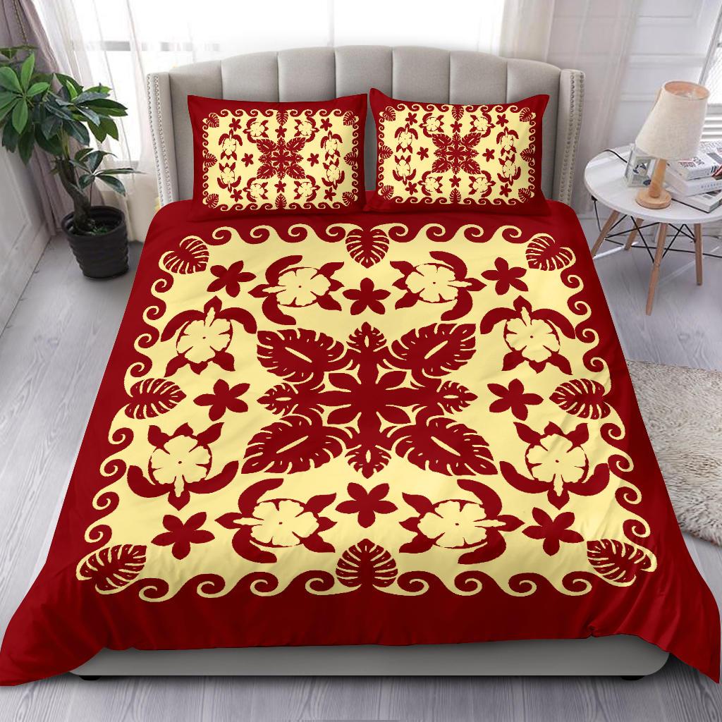 Turtle with Hibiscus Royal Red Bedding Set Palm Leaf - Vibe Hoodie Shop