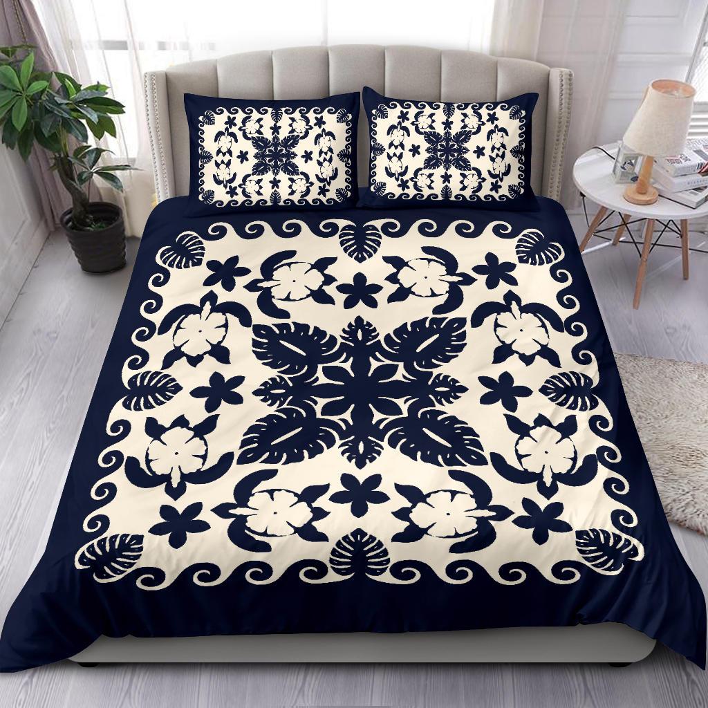 Turtle with Hibiscus Royal Navy Bedding Set Palm Leaf - Vibe Hoodie Shop