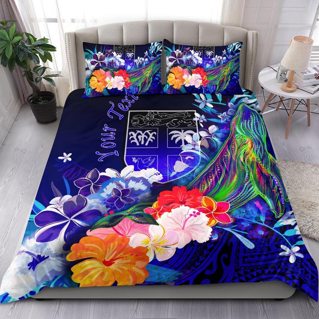 Fiji Custom Personalised Bedding Set - Humpback Whale with Tropical Flowers (Blue) - Vibe Hoodie Shop