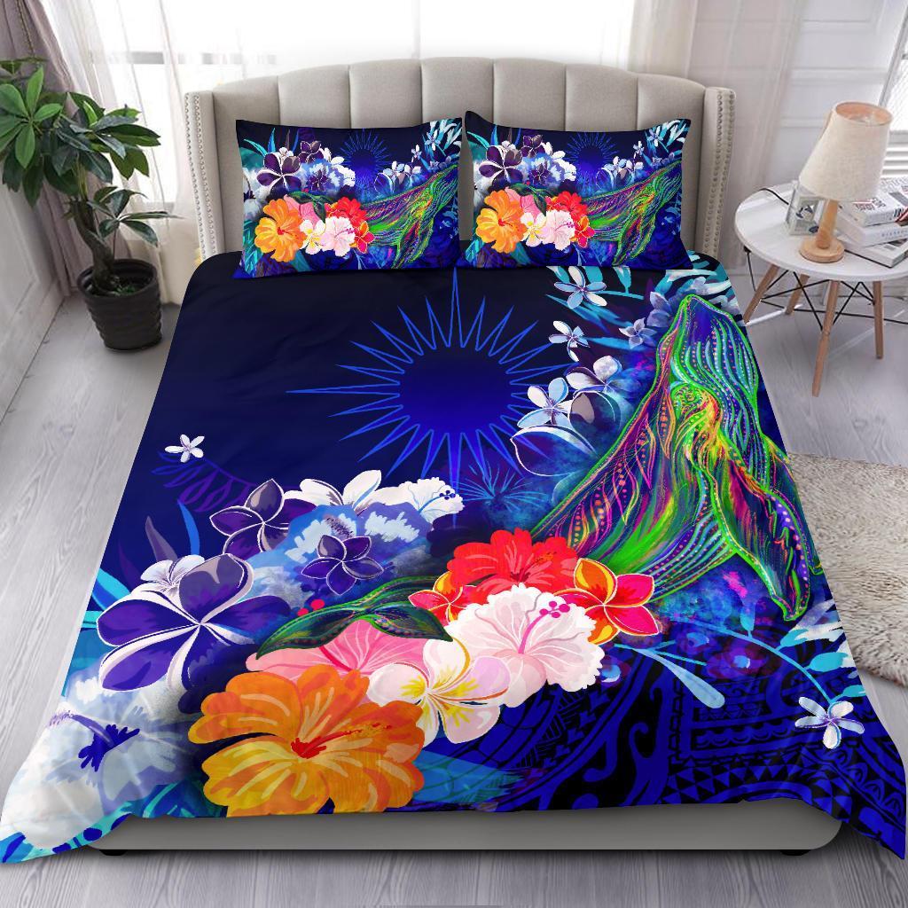 Marshall Islands Bedding Set - Humpback Whale with Tropical Flowers (Blue) - Vibe Hoodie Shop