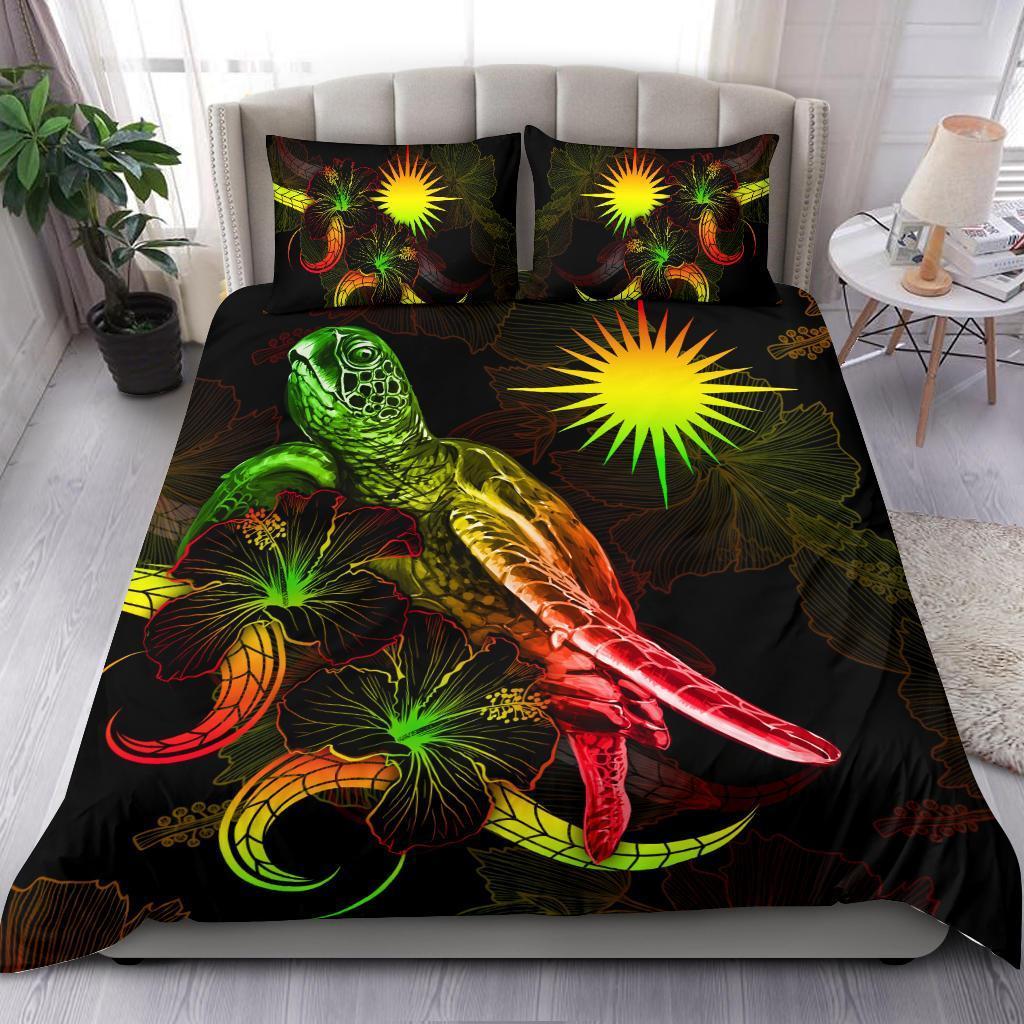 Marshall Islands Polynesian Bedding Set - Turtle With Blooming Hibiscus Reggae - Vibe Hoodie Shop