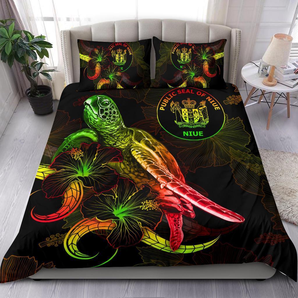 Niue Polynesian Bedding Set - Turtle With Blooming Hibiscus Reggae - Vibe Hoodie Shop