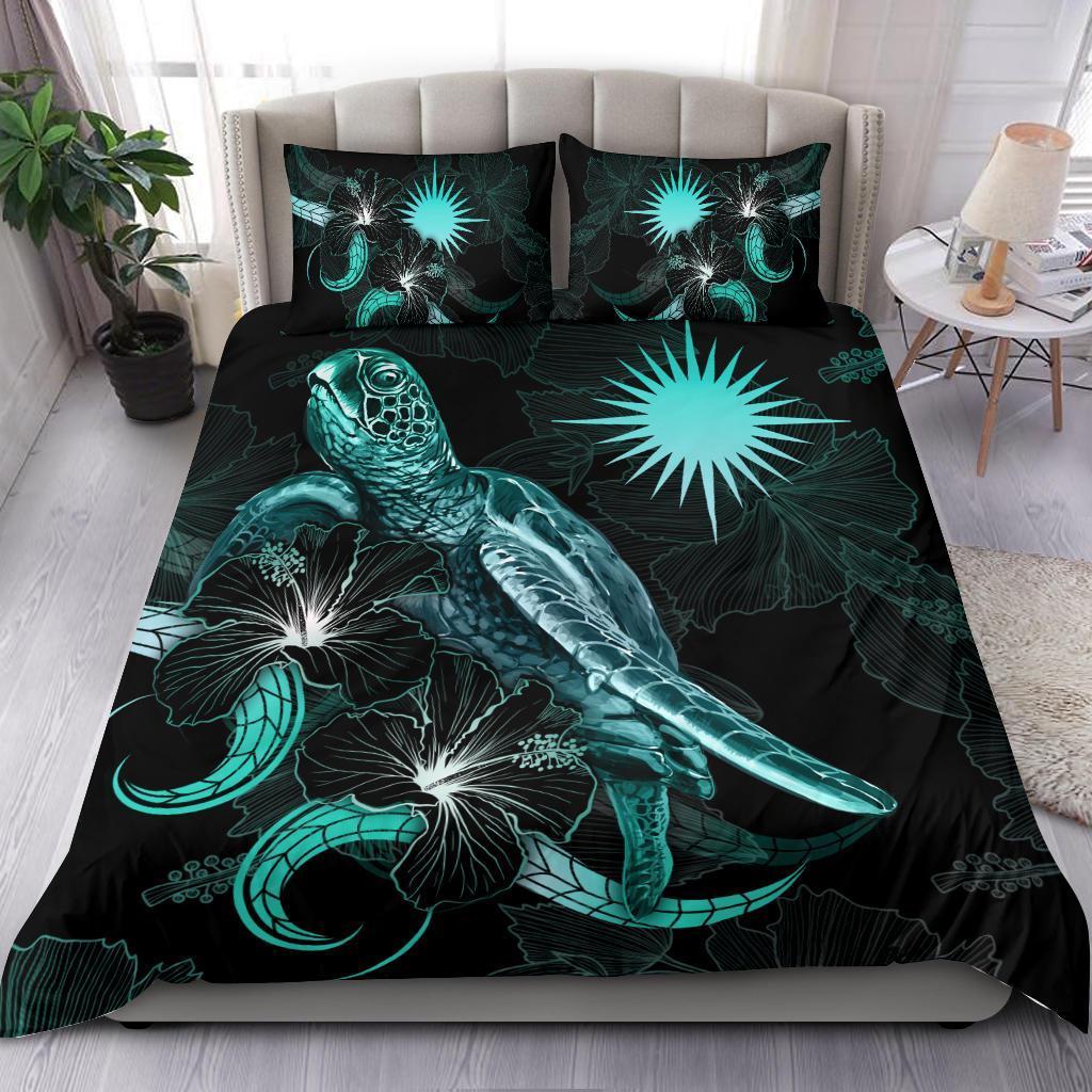 Marshall Islands Polynesian Bedding Set - Turtle With Blooming Hibiscus Turquoise - Vibe Hoodie Shop