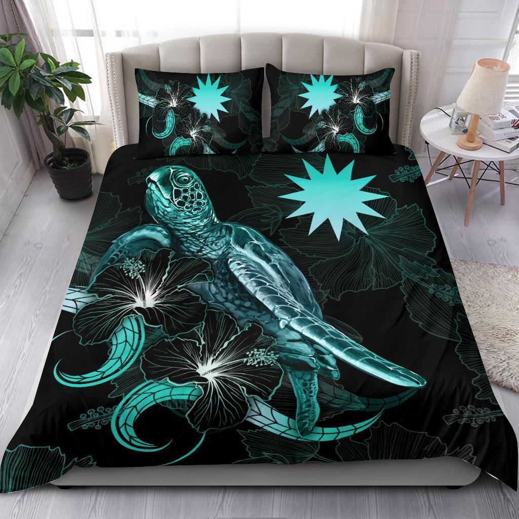Nauru Polynesian Bedding Set - Turtle With Blooming Hibiscus Turquoise - Vibe Hoodie Shop