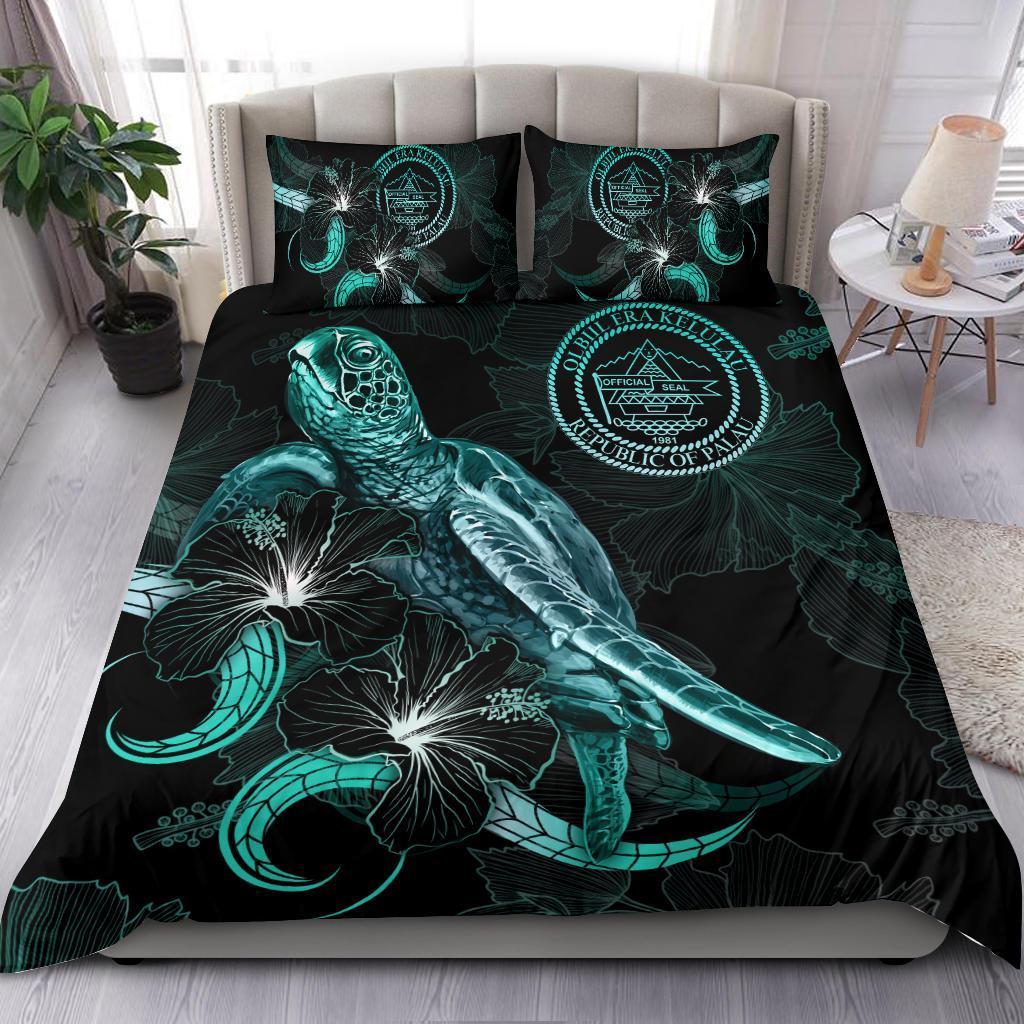 Palau Polynesian Bedding Set - Turtle With Blooming Hibiscus Turquoise - Vibe Hoodie Shop