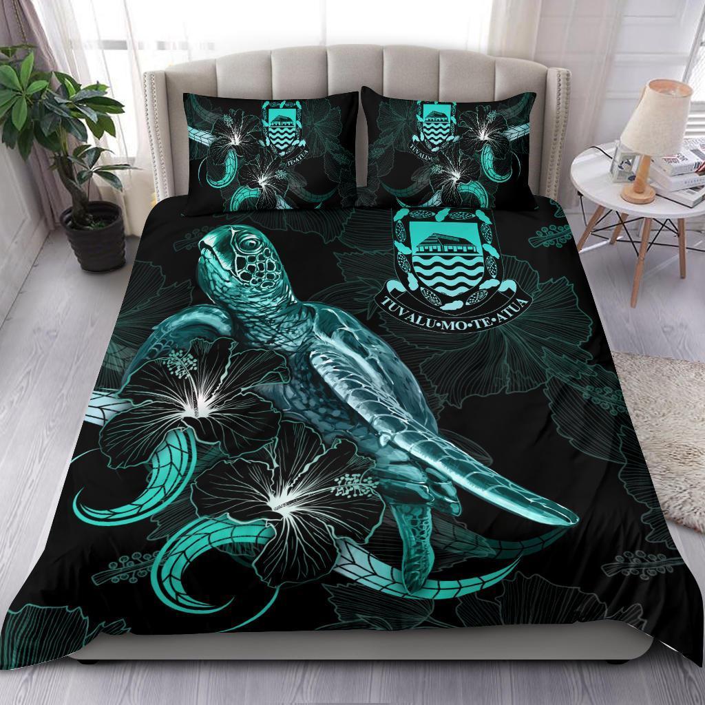 Tuvalu Polynesian Bedding Set - Turtle With Blooming Hibiscus Turquoise - Vibe Hoodie Shop