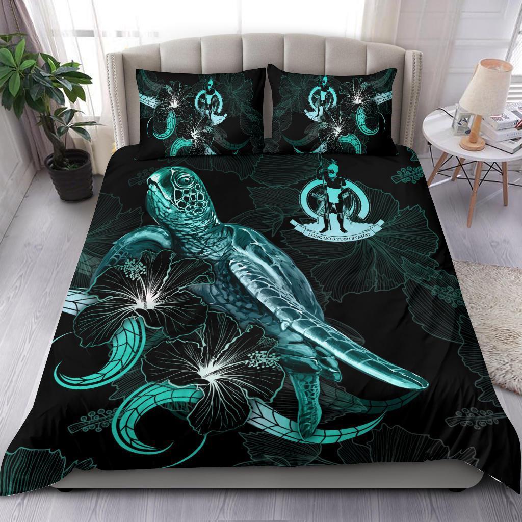 Vanuatu Polynesian Bedding Set - Turtle With Blooming Hibiscus Turquoise - Vibe Hoodie Shop