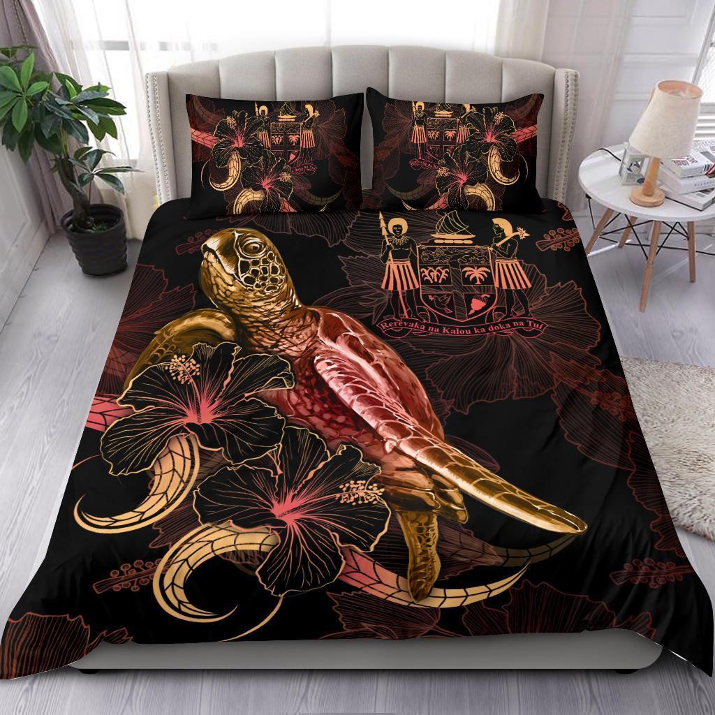 FiJi Polynesian Bedding Set - Turtle With Blooming Hibiscus Gold - Vibe Hoodie Shop