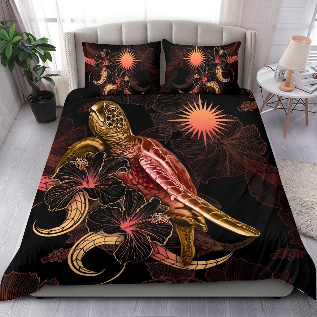 Nauru Polynesian Bedding Set - Turtle With Blooming Hibiscus Gold - Vibe Hoodie Shop