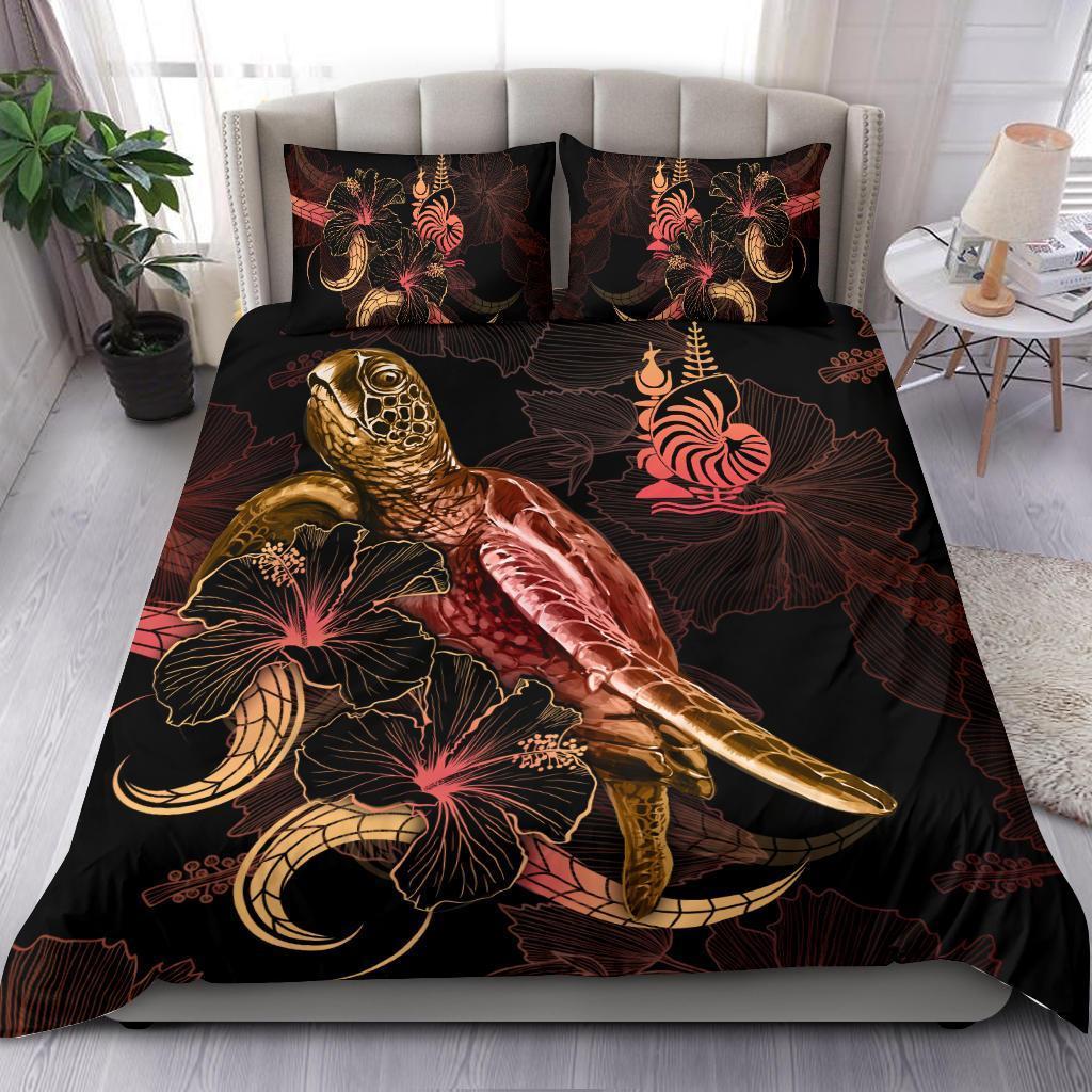 New Caledonia Polynesian Bedding Set - Turtle With Blooming Hibiscus Gold - Vibe Hoodie Shop
