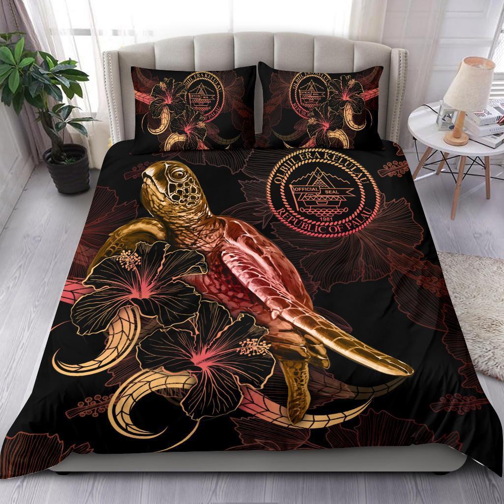 Palau Polynesian Bedding Set - Turtle With Blooming Hibiscus Gold - Vibe Hoodie Shop