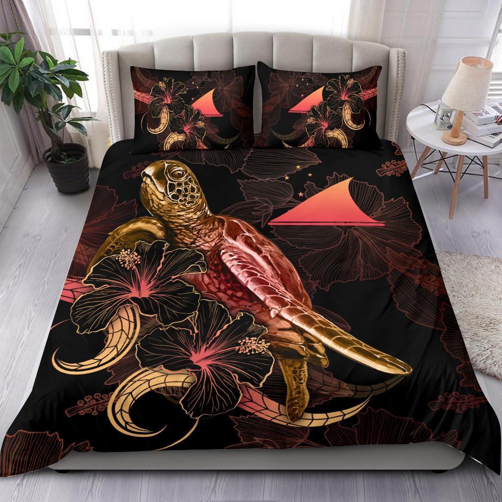 Tokelau Polynesian Bedding Set - Turtle With Blooming Hibiscus Gold - Vibe Hoodie Shop