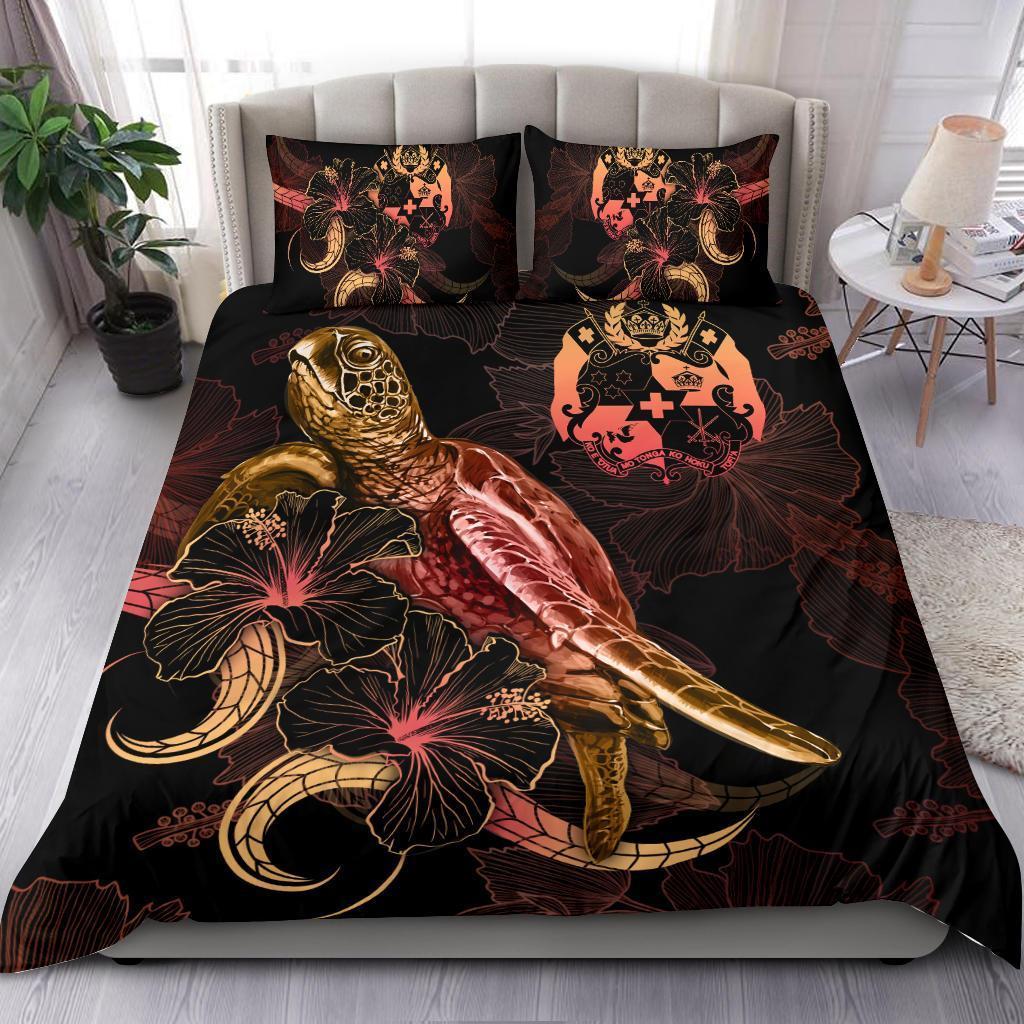 Tuvalu Polynesian Bedding Set - Turtle With Blooming Hibiscus Gold - Vibe Hoodie Shop