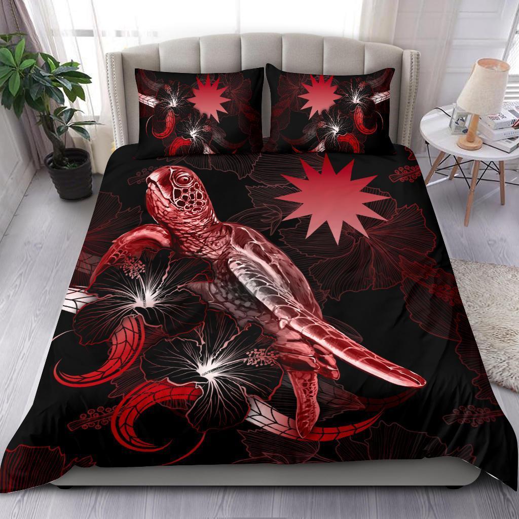 Nauru Polynesian Bedding Set - Turtle With Blooming Hibiscus Red - Vibe Hoodie Shop
