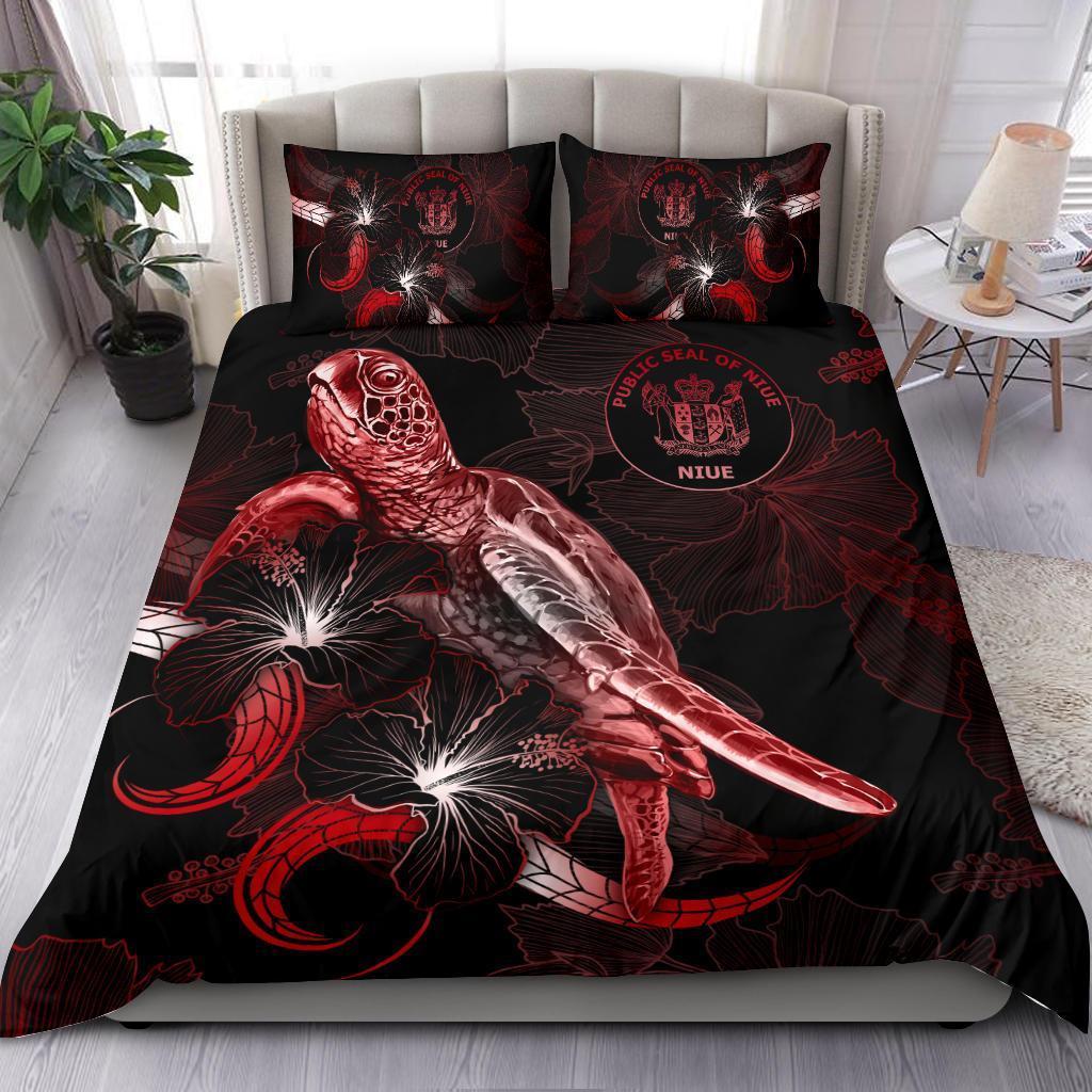 Niue Polynesian Bedding Set - Turtle With Blooming Hibiscus Red - Vibe Hoodie Shop