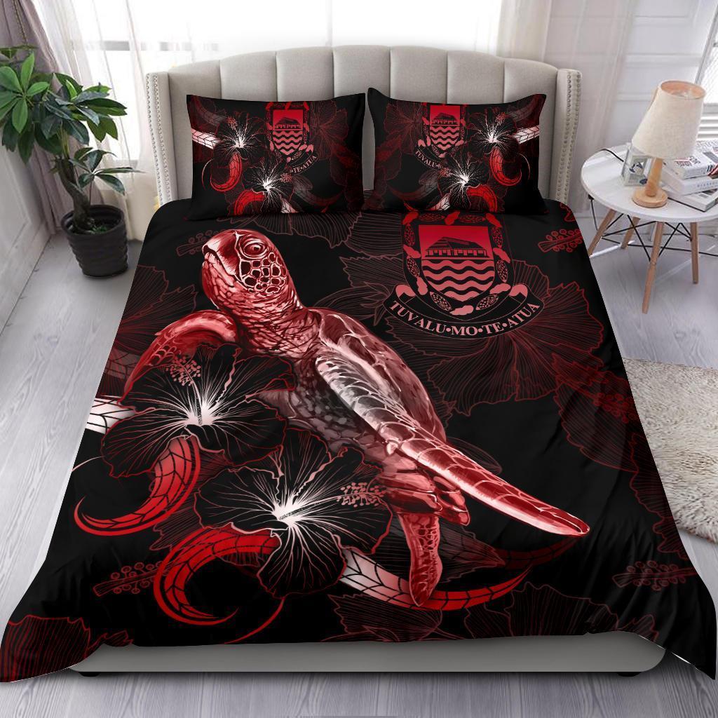 Tuvalu Polynesian Bedding Set - Turtle With Blooming Hibiscus Red - Vibe Hoodie Shop