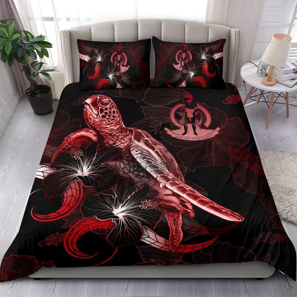 Vanuatu Polynesian Bedding Set - Turtle With Blooming Hibiscus Red - Vibe Hoodie Shop