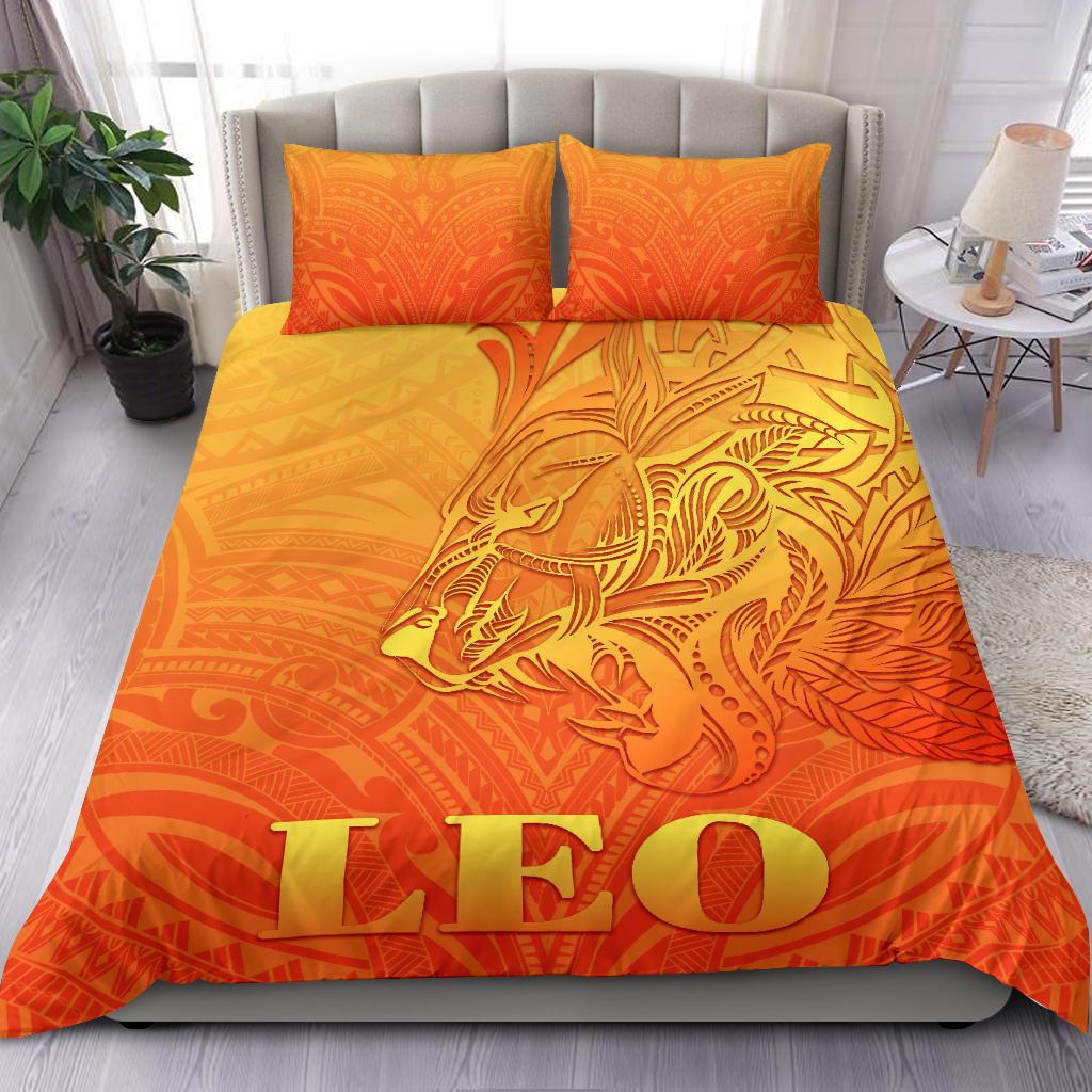 Sun In Leo Zodiac Bedding Set Polynesian Tattoo Simple - Orange - Vibe Hoodie Shop