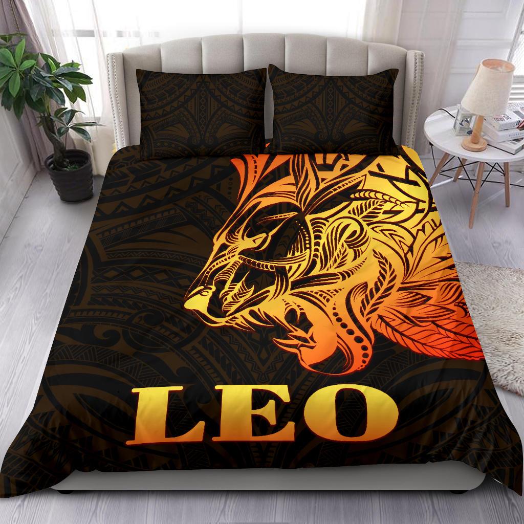 Sun In Leo Zodiac Bedding Set Polynesian Tattoo Simple - Orange Black - Vibe Hoodie Shop