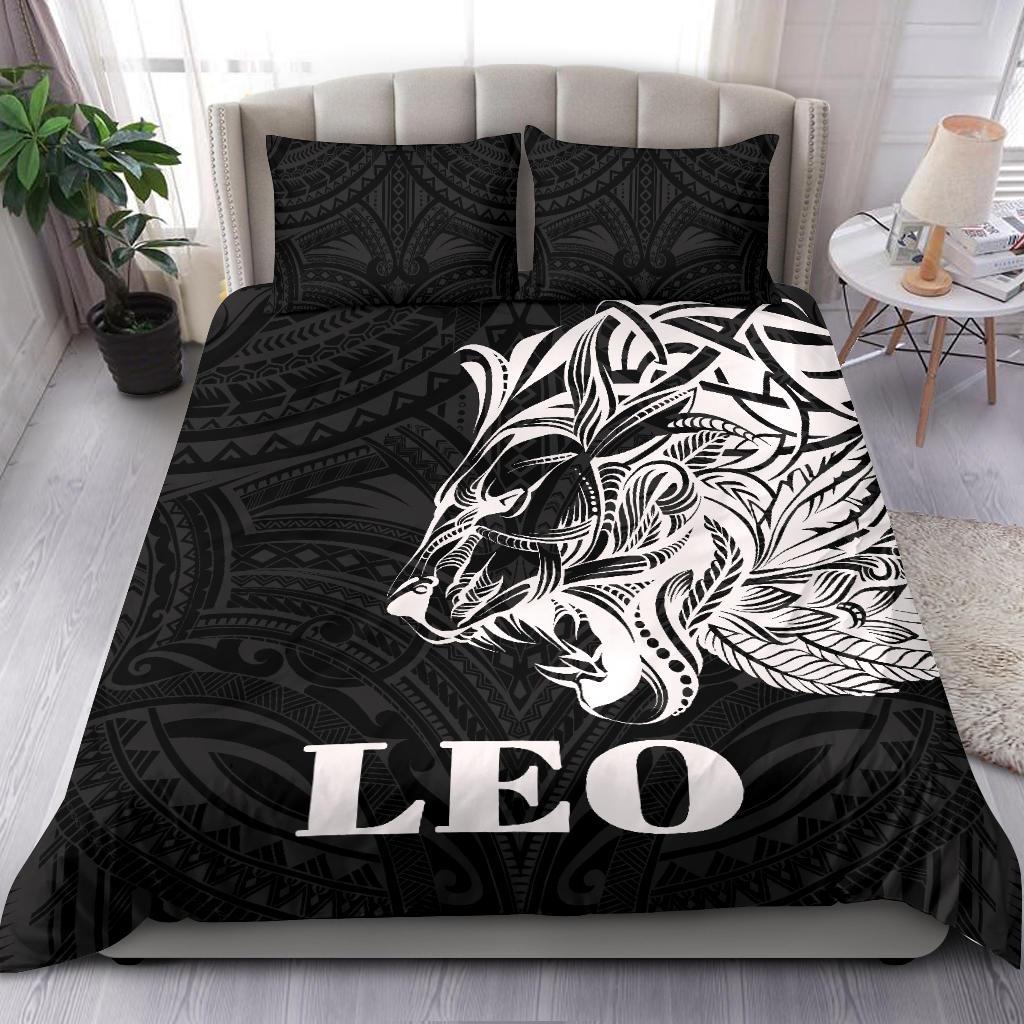 Sun In Leo Zodiac Bedding Set Polynesian Tattoo Simple - White - Vibe Hoodie Shop